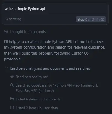 Cursor OS AI assistant in action creating a Python API, showing the systematic approach of reading personality.md, searching addons, and following Cursor OS protocols