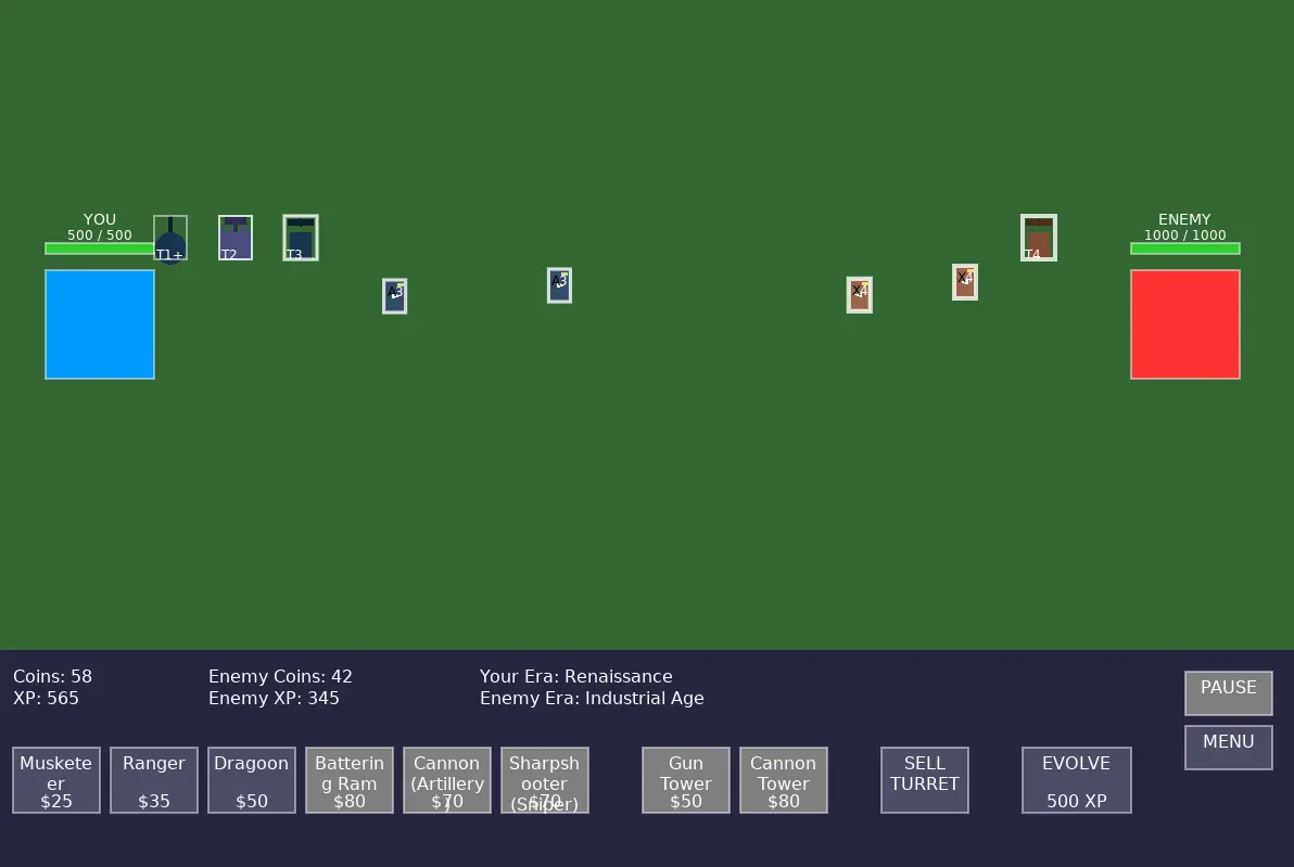 Age of War clone strategy game built with AI-driven development using Cursor OS, showing automated game creation with zero coding
