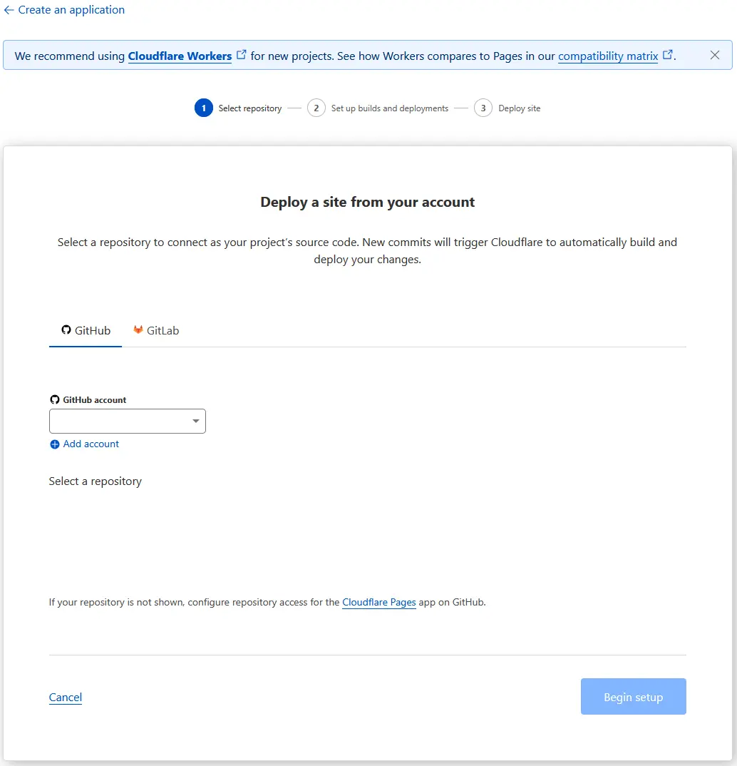 Cloudflare Pages CI/CD setup screen with GitHub integration